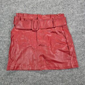 Zara Womens Skirt Medium Red Faux Leather Stretch Belted Sexy Classic Mini